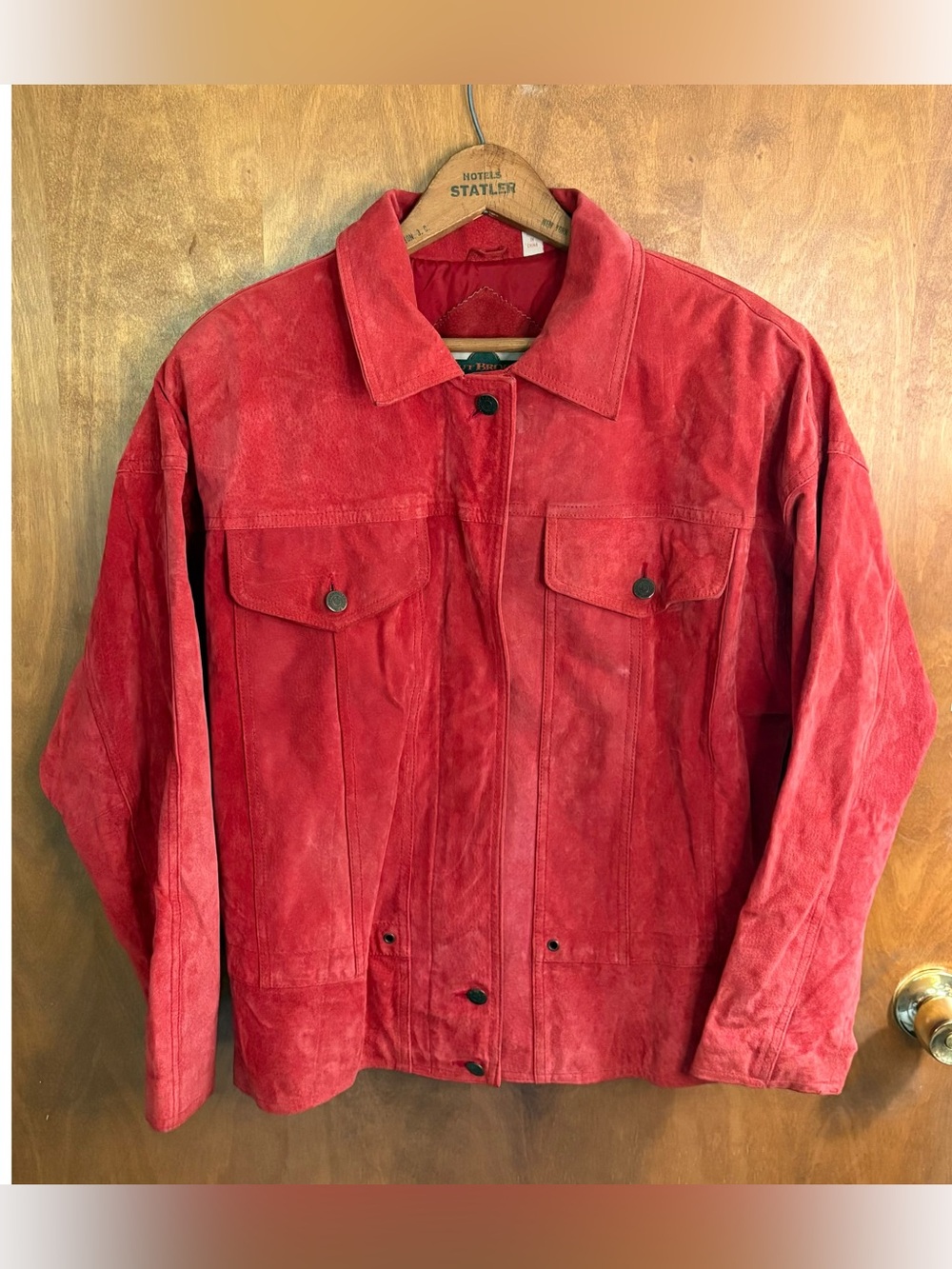 Vintage 100% Leather Suede Red Zip Up Trucker Jacket Y2K Goth Grunge Rockabilly